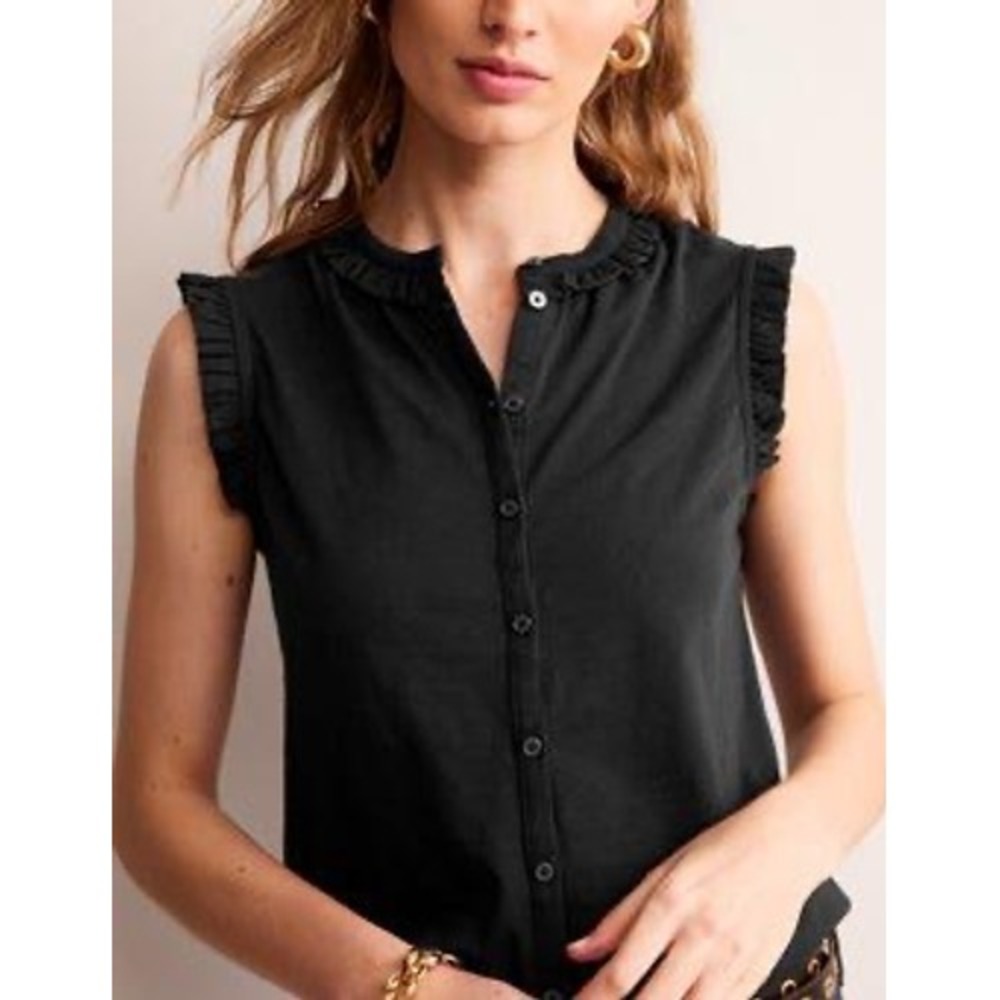 Boden Women Olive Green Ruffle Trim Sleeveless Button Down Shirt T1546 Size 12